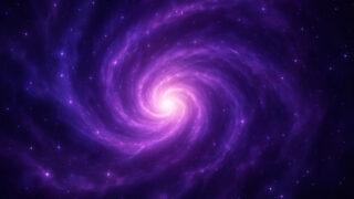 紫の光に包まれたスピリチュアルな宇宙の渦が魂の変容を象徴する、幻想的で神秘的なイラスト画像