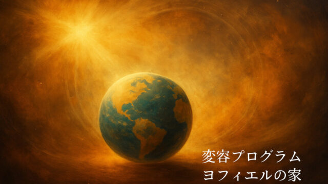 茶色と光の抽象的な背景に、地球と未来を象徴するエネルギーが交錯する幻想的なアート。